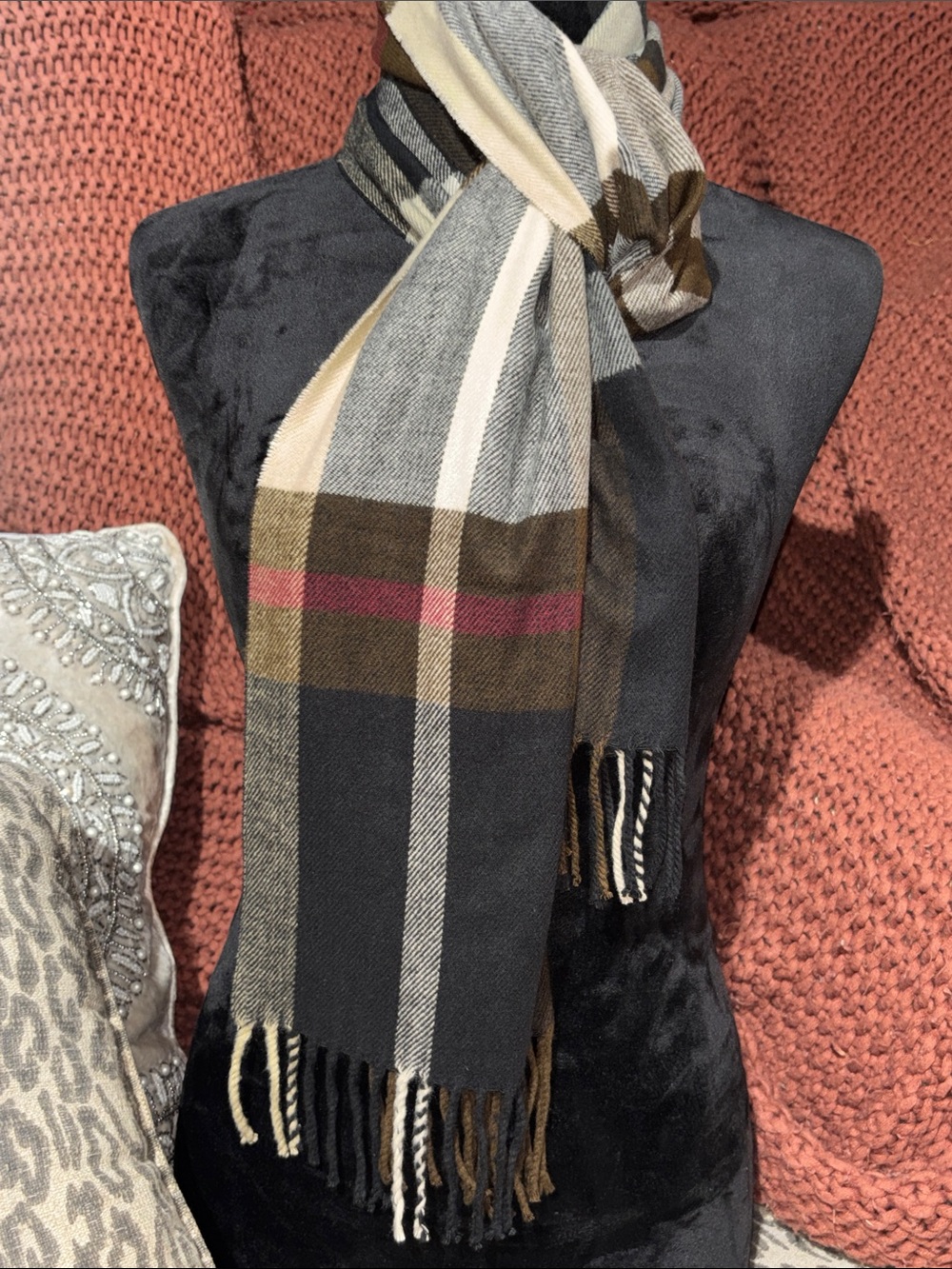 Cashmere feel plaid scarf soft lightweight warm oversize plaid neutral preppy